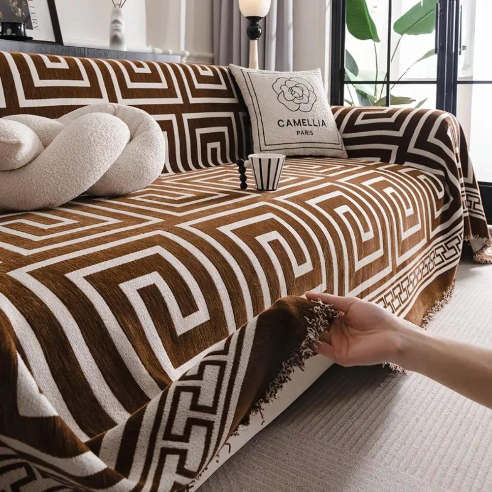 Meander Tassels Chenille Sofa Cover by Casa & Beyond