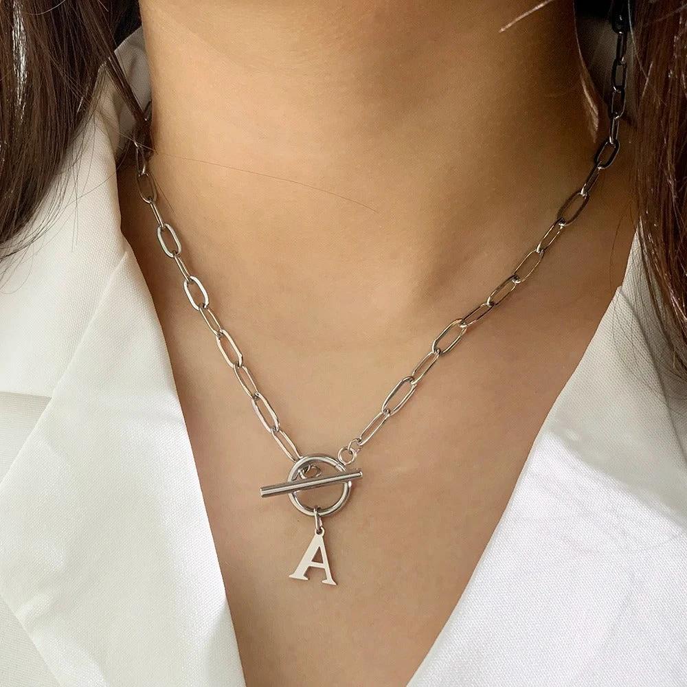 Paperclip Letter Initial Circle Lock Clasp Necklace by BowLift