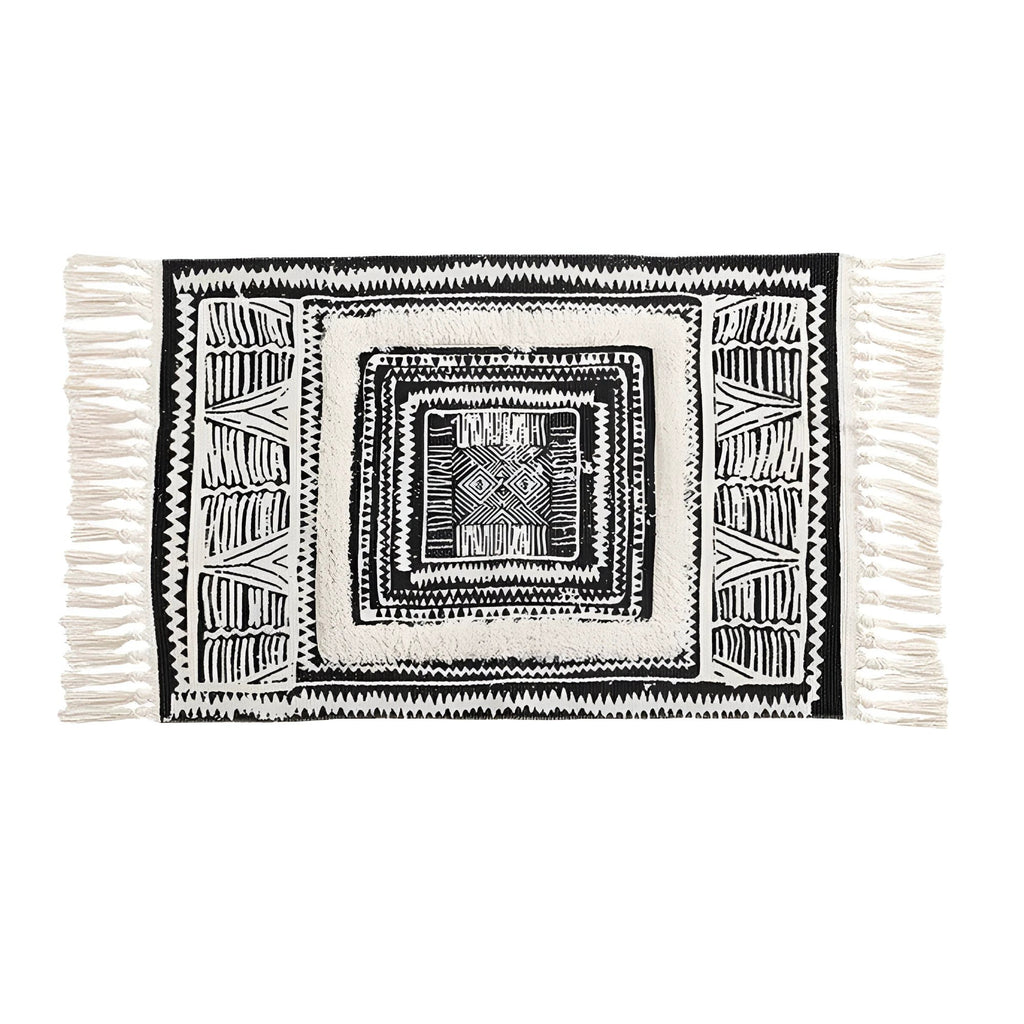 Black and White Geometric Tassel Floor Mat by Casa & Beyond