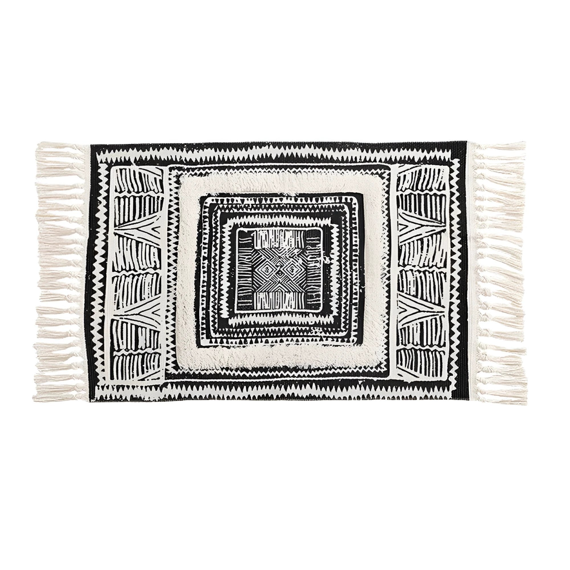 Black and White Geometric Tassel Floor Mat by Casa & Beyond