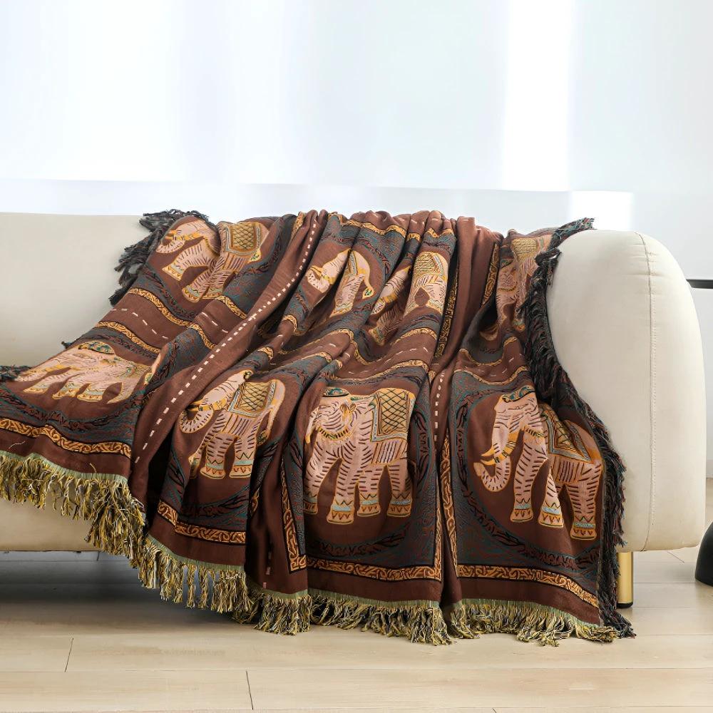 Bohemian Elephant Print Tassel Blanket by Casa & Beyond