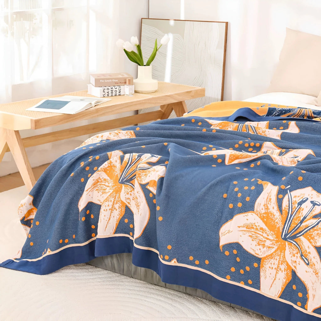 Serene Lily Floral Cotton Blanket by Casa & Beyond