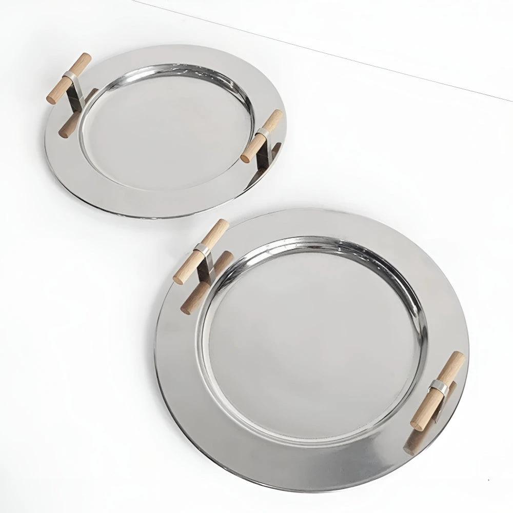 Elegant Stainless Steel Round Tray with Wooden Handles by Casa & Beyond