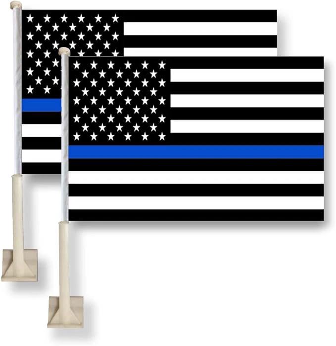 Thin Blue Line Flag Car Window Flag of American Police 11X18 Inch(28x46cm) 100% Polyester, Strong White Flagpole by flagsshop
