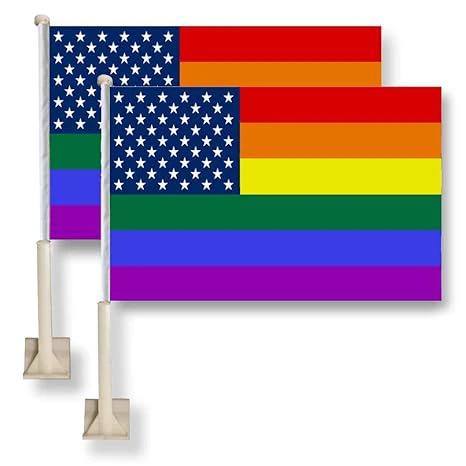 Flag King USA Rainbow Car Window Flag 11X16Inch(28x40cm) 100% Polyester, Strong White Flagpole by flagsshop