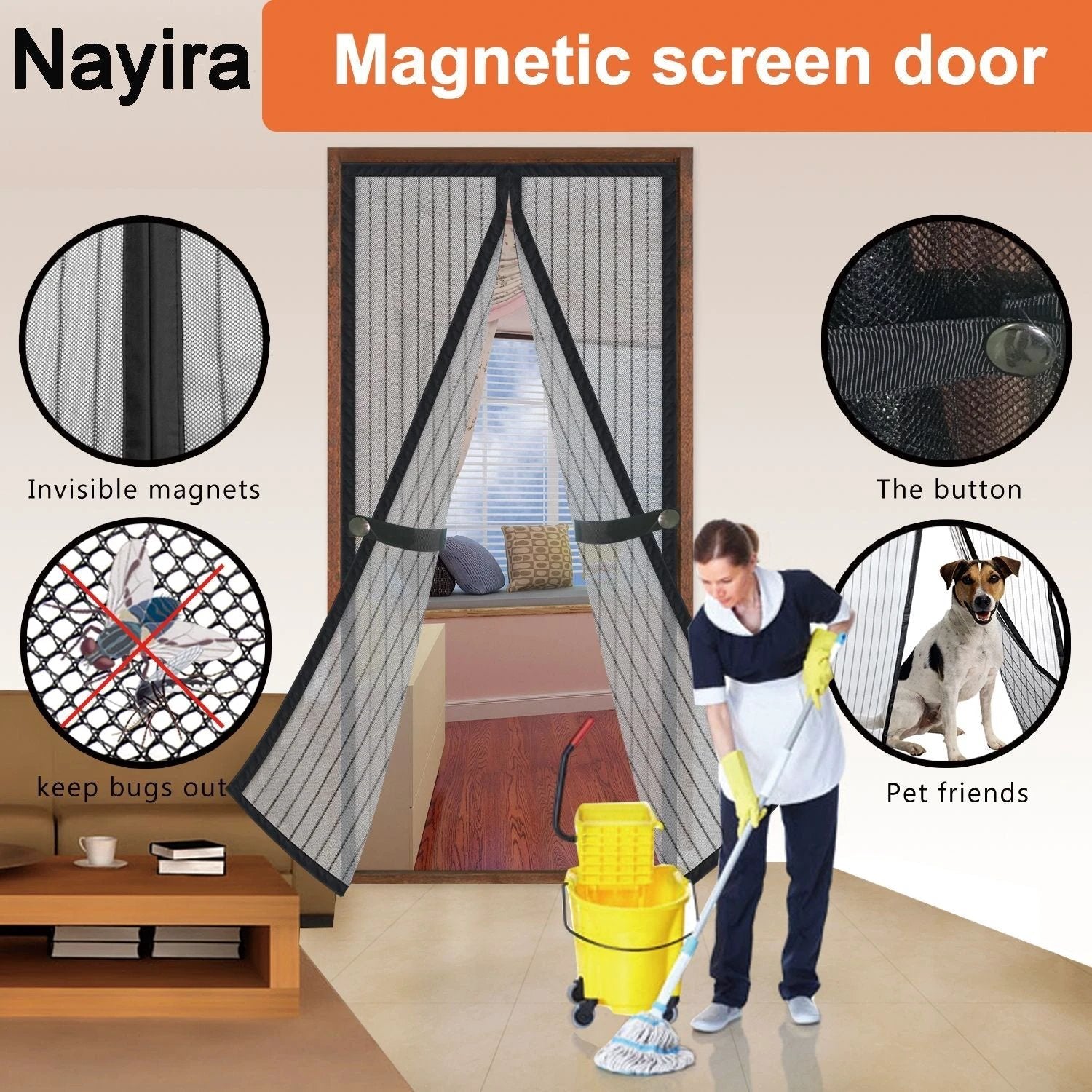 Nayira Magnetic Screen Door Fiberglass-Keep Bugs Out Let Fresh Air In-New Upgraded Magnets-Durable Fiberglass Mesh Curtain with Weights in Bottom-Full Frame Velcro-Fits Door up to 36''x82'' by flagsshop