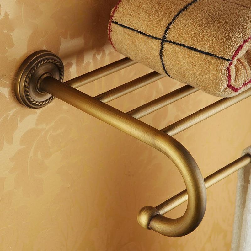 Worn Brass Traditional Bathroom Set with Bath Shelf/Paper Holder & Towel Bar by BowLift