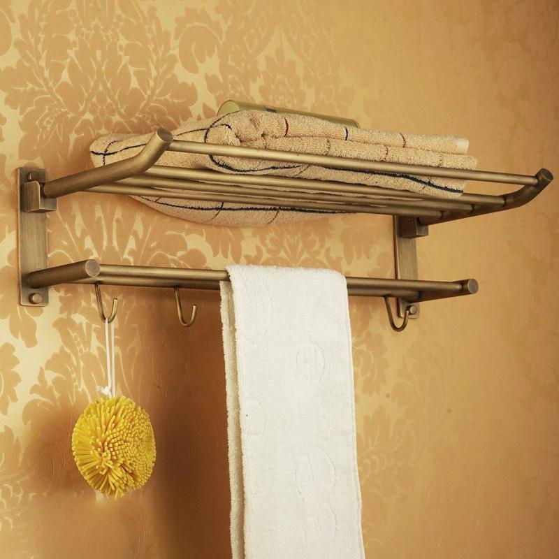 Worn Brass Traditional Bathroom Set with Bath Shelf/Paper Holder & Towel Bar by BowLift