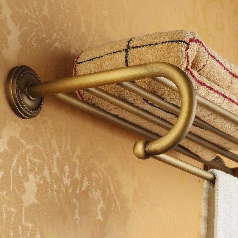 Worn Brass Traditional Bathroom Set with Bath Shelf/Paper Holder & Towel Bar by BowLift