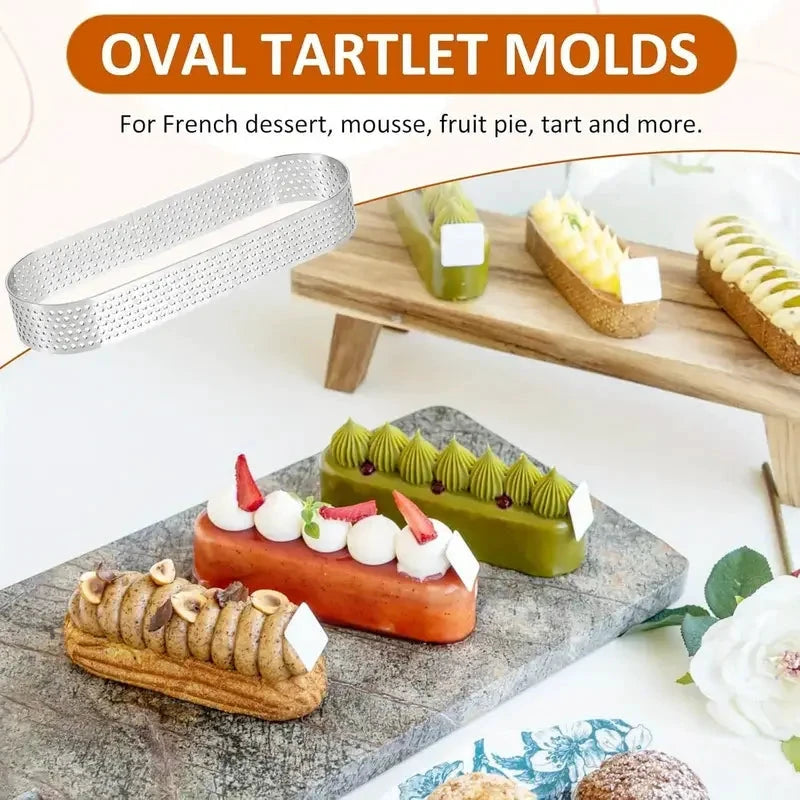 6/8pcs Stainless Steel Oval Tart Rings Perforated Pastry and Cake Molds by Bowlift