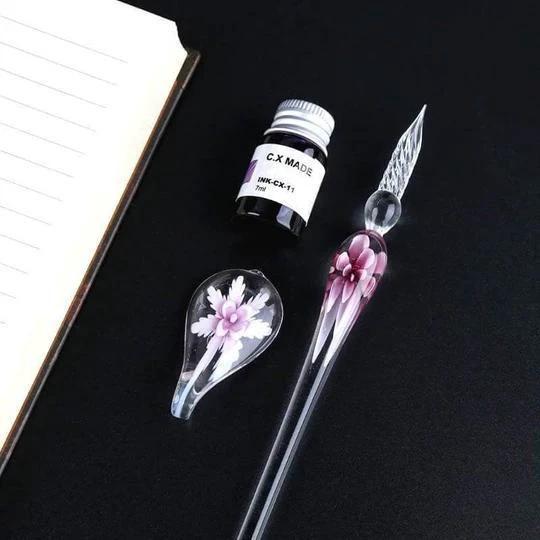 Glass fountain pen with ink and pen holder by Bowlift