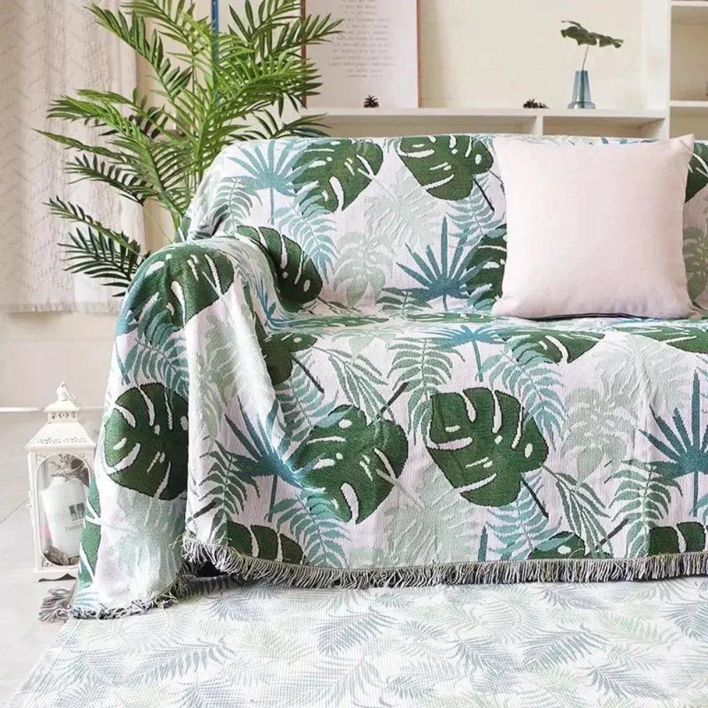 Palm Leaves Sofa Cover Tassel Blanket by Casa & Beyond