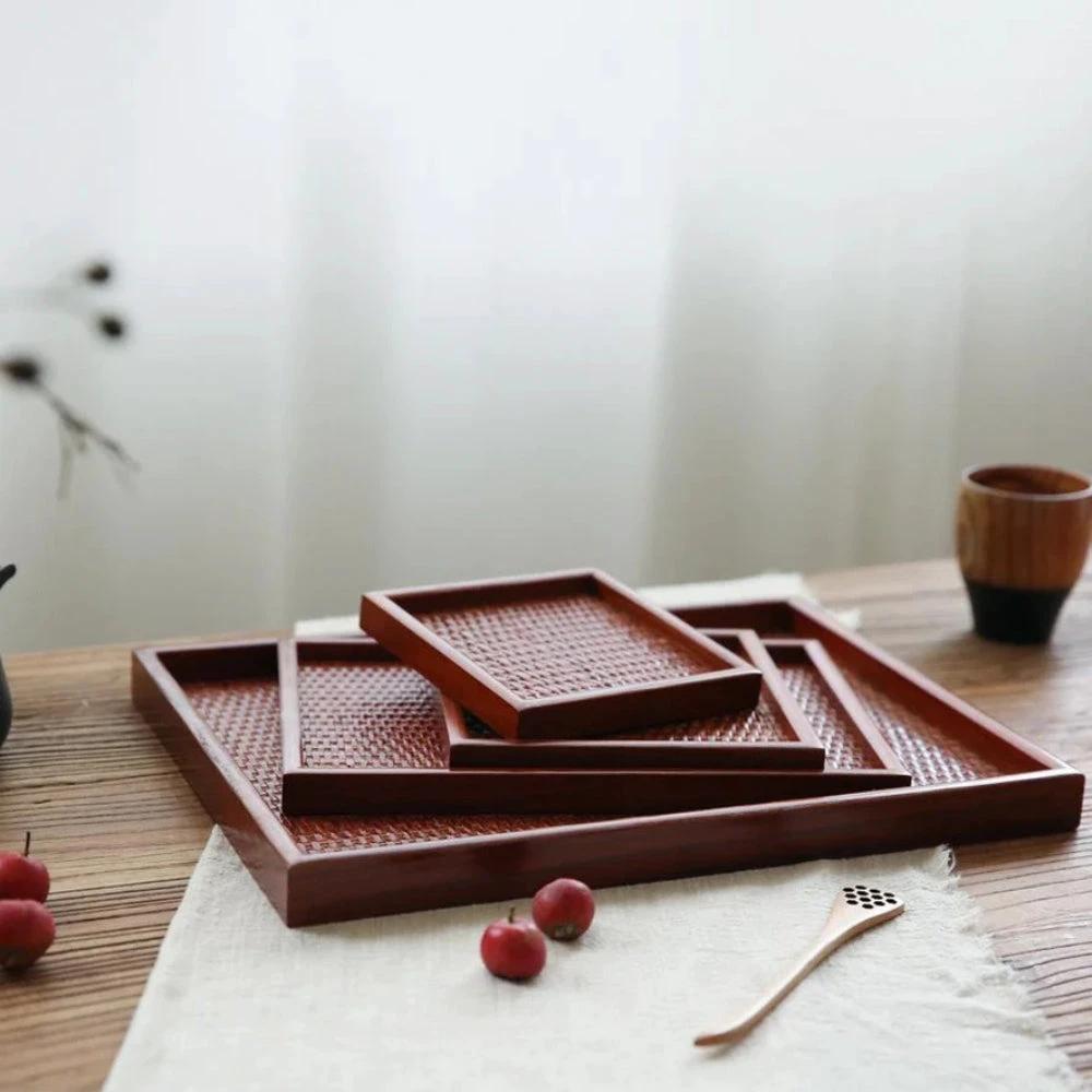 Artisanal Rattan Wooden Tea Tray by Casa & Beyond