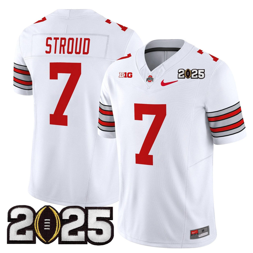 C J Stroud Jersey #7 Ohio State Heritage Stripe 2025 CFP Final Stitched White by My Store NCAA Football Jerseys