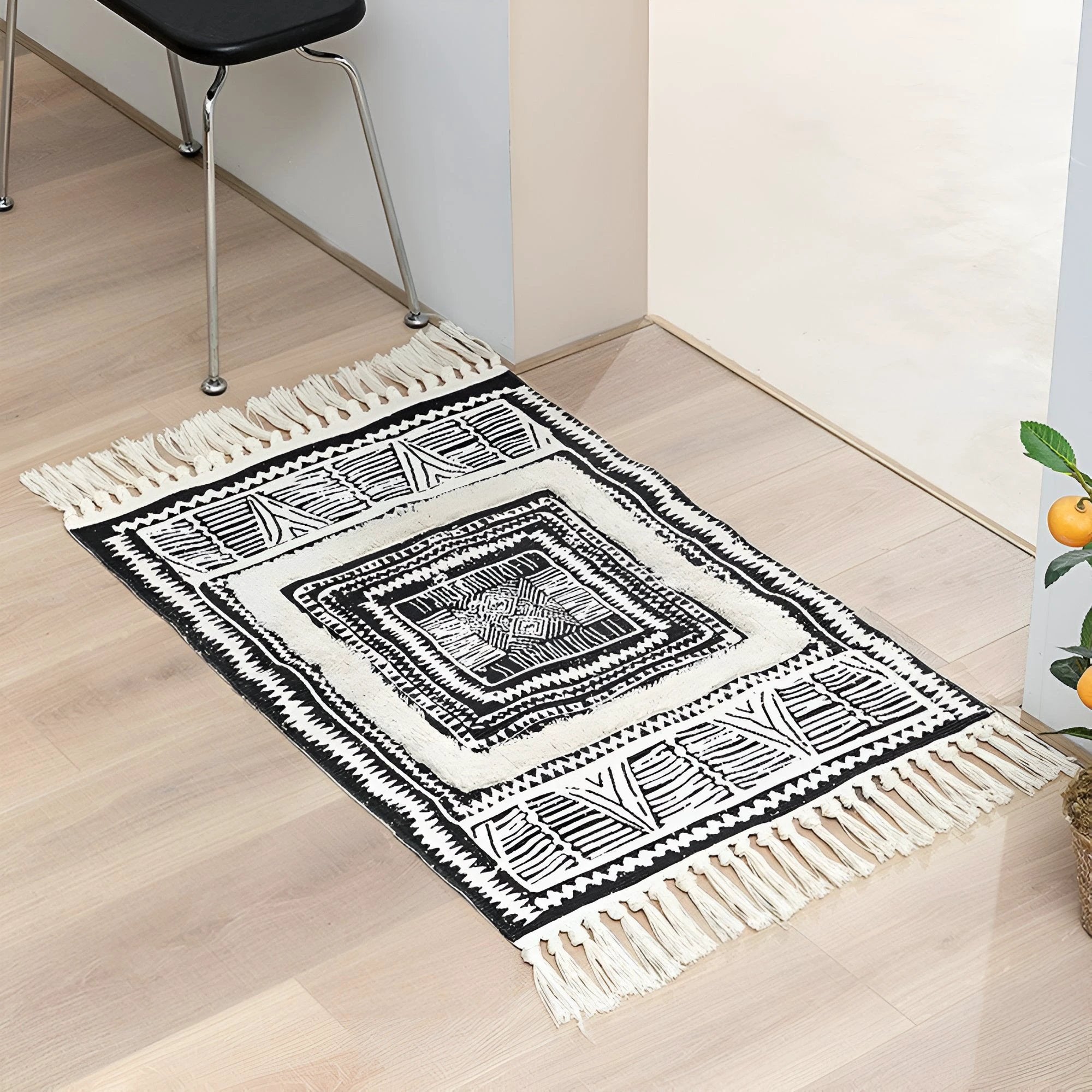 Black and White Geometric Tassel Floor Mat by Casa & Beyond