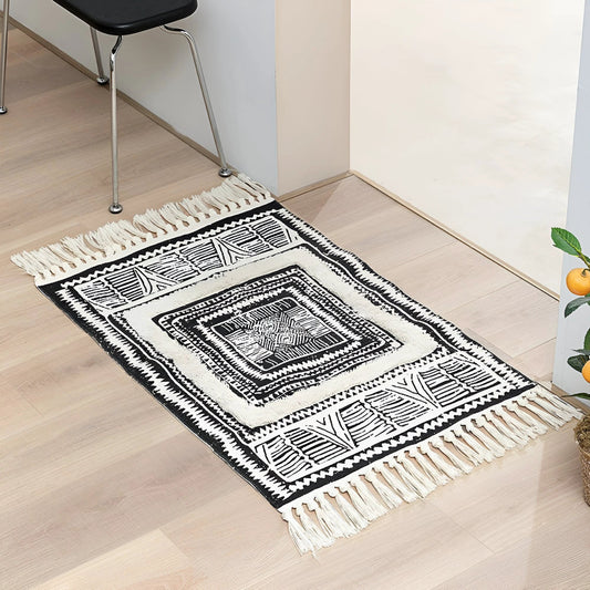 Black and White Geometric Tassel Floor Mat by Casa & Beyond
