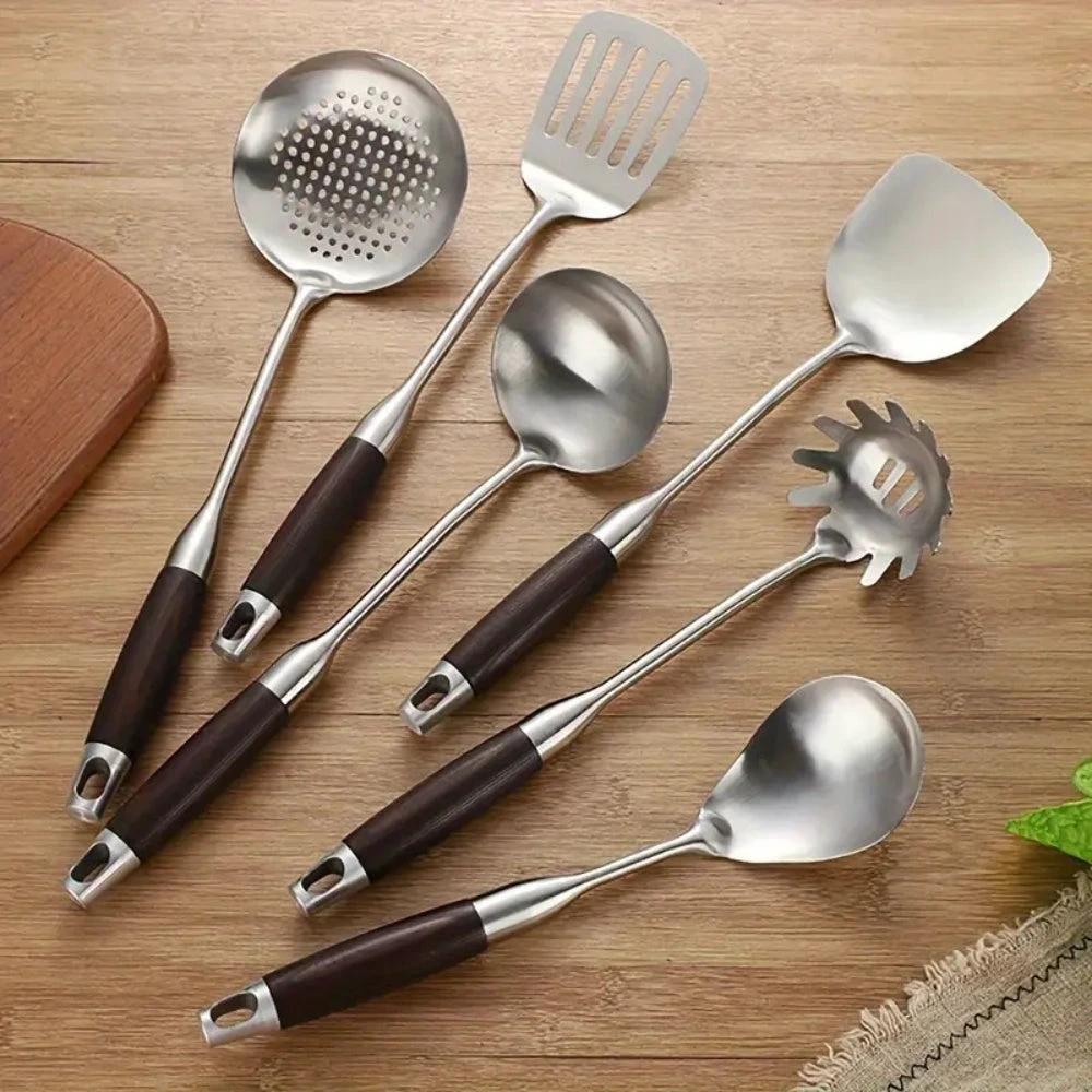 Gleaming Stainless Steel Wooden Utensils | 6Pcs Set by Casa & Beyond