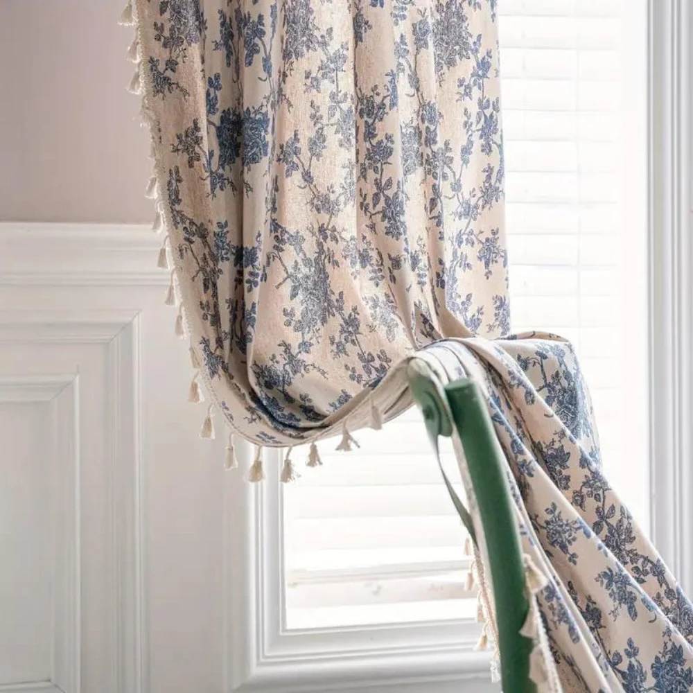 Blue Rose Floral Home Curtain by Casa & Beyond