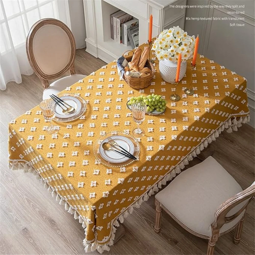 Versatile Yellow Embroidered Tassel Tablecloth by Casa & Beyond