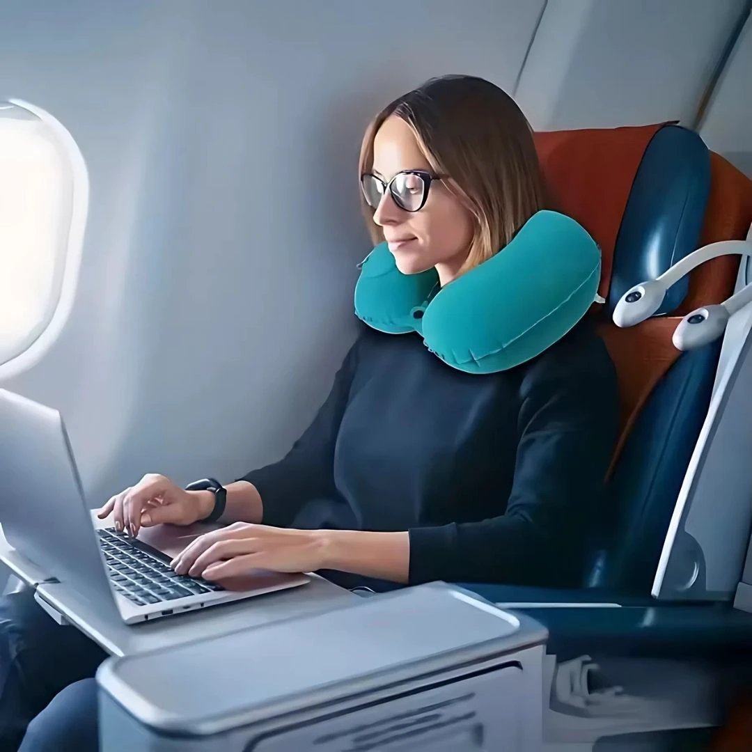 TravelThrive | Inflatable Travel Neck Pillow – Adjustable Firmness – Soft Velvet Cover – Neck Pain Relief – Compact for All Journeys Bowlift by Bowlift