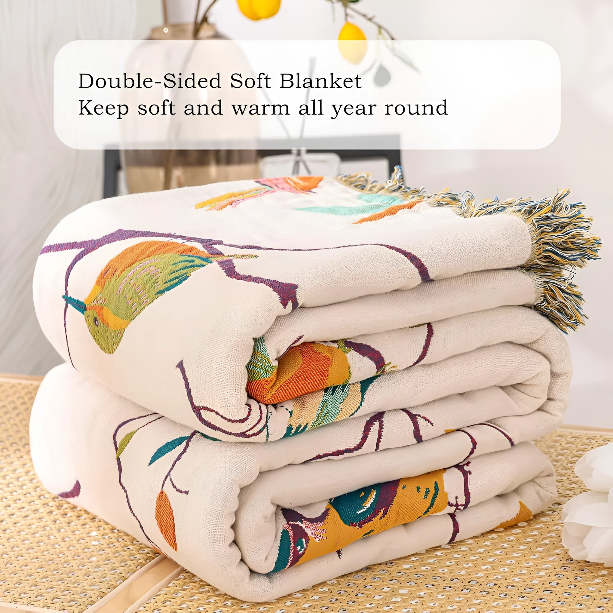 Whimsical Bird Tassel Cotton Blanket by Casa & Beyond