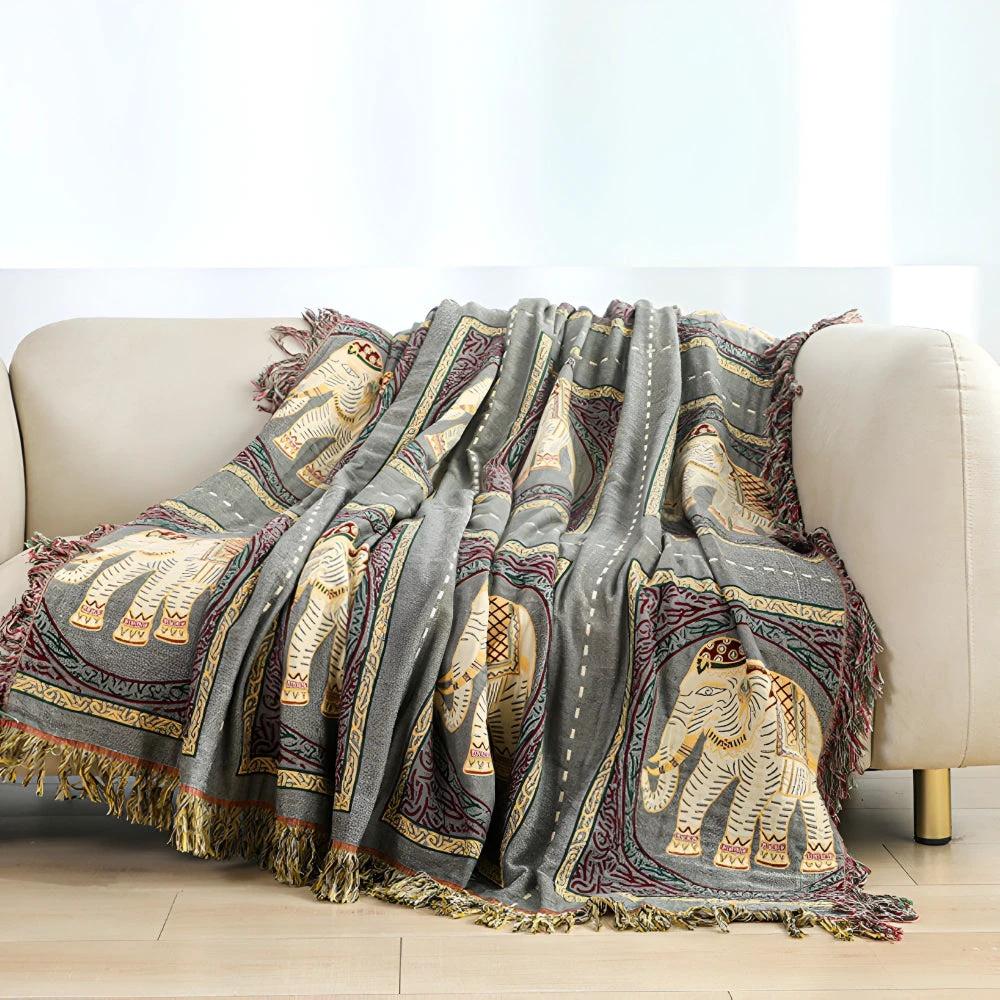 Bohemian Elephant Print Tassel Blanket by Casa & Beyond