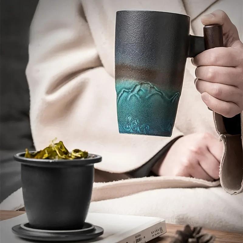 TeaCraft Ceramic Mug | Handmade | With Tea Infuser & Wooden Handle | Retro Design by BowLift