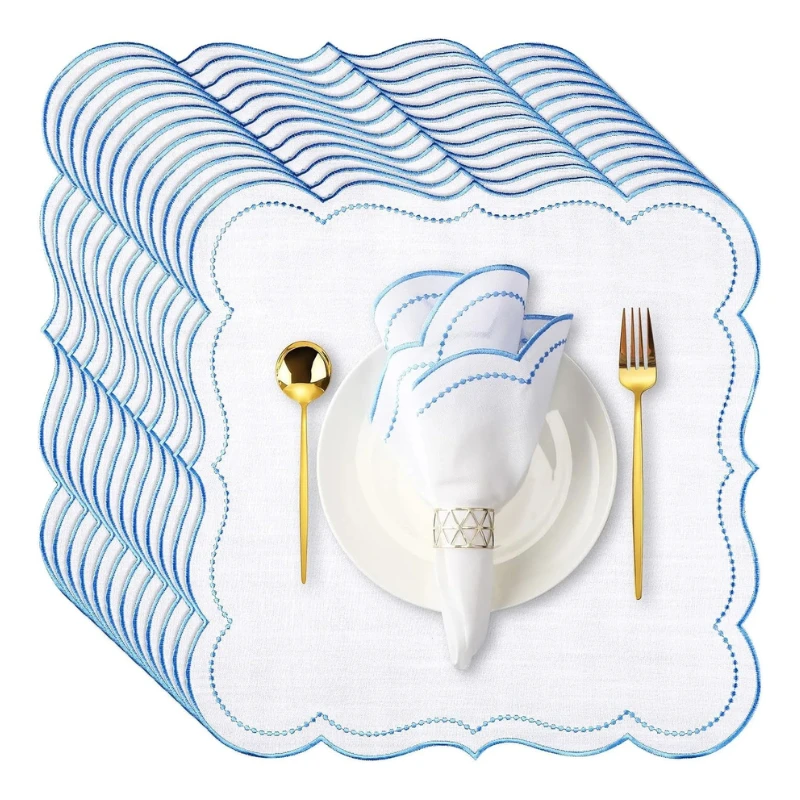 6pcs Cotton Linen Embroidered Cloth Napkin Scalloped Edge Table Napkins by Bowlift
