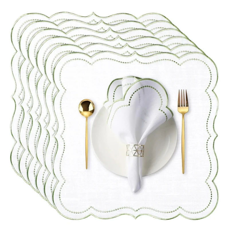 6pcs Cotton Linen Embroidered Cloth Napkin Scalloped Edge Table Napkins by Bowlift