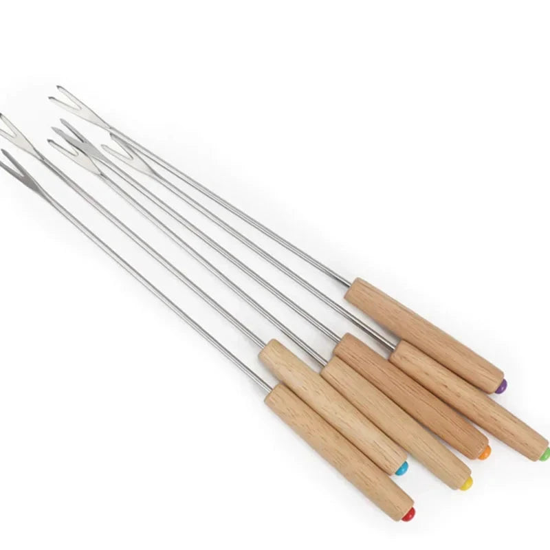 6Pcs Stainless Steel Forks with Wooden Handle for BBQ Campfire Grill by Bowlift