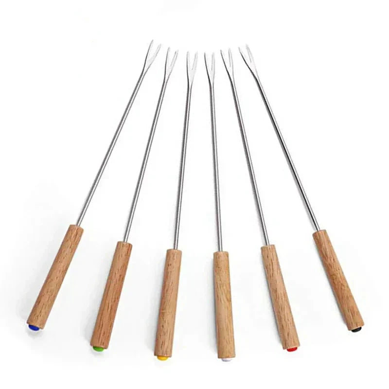 6Pcs Stainless Steel Forks with Wooden Handle for BBQ Campfire Grill by Bowlift