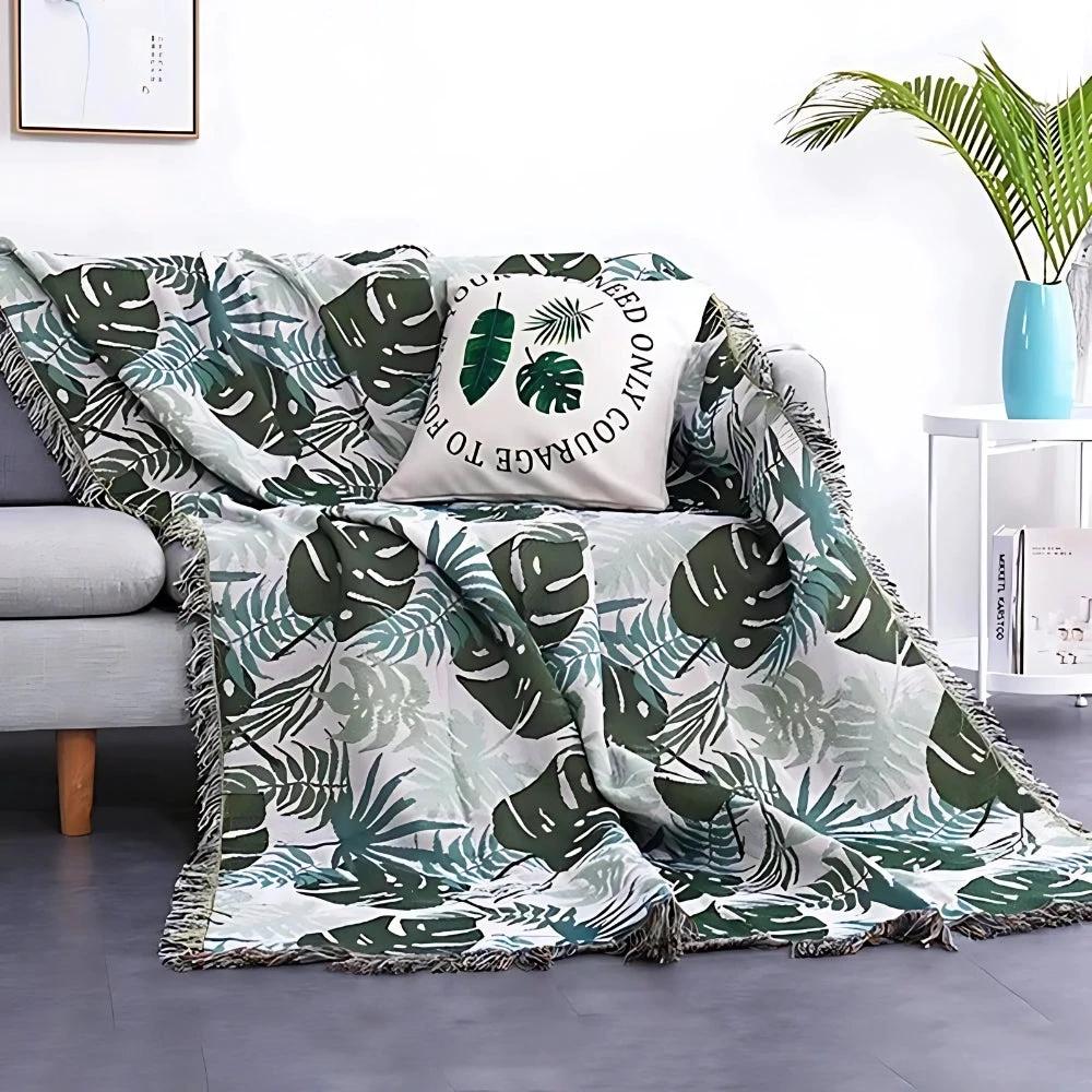 Palm Leaves Sofa Cover Tassel Blanket by Casa & Beyond