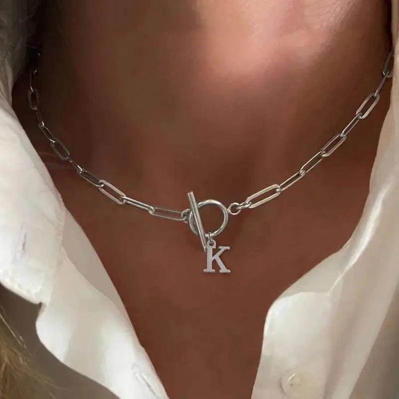 Paperclip Letter Initial Circle Lock Clasp Necklace by BowLift