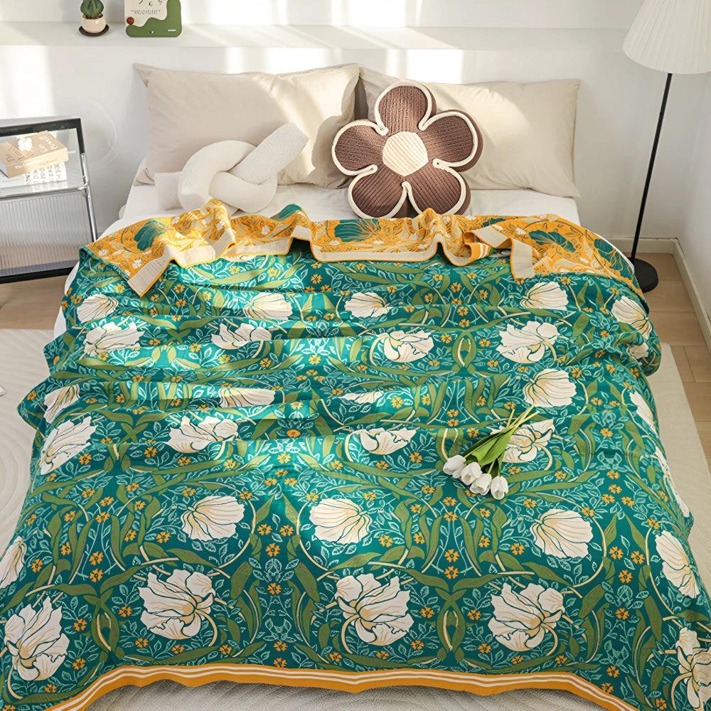 Green Botanical Bloom Cotton Blanket by Casa & Beyond