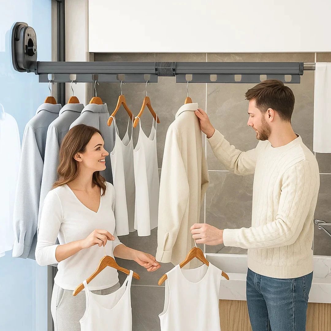 SpaceEase | Folding Clothes Hanger – Retractable Wall-Mounted Rack – Stainless Steel – Ideal for Small Spaces Bowlift by Bowlift