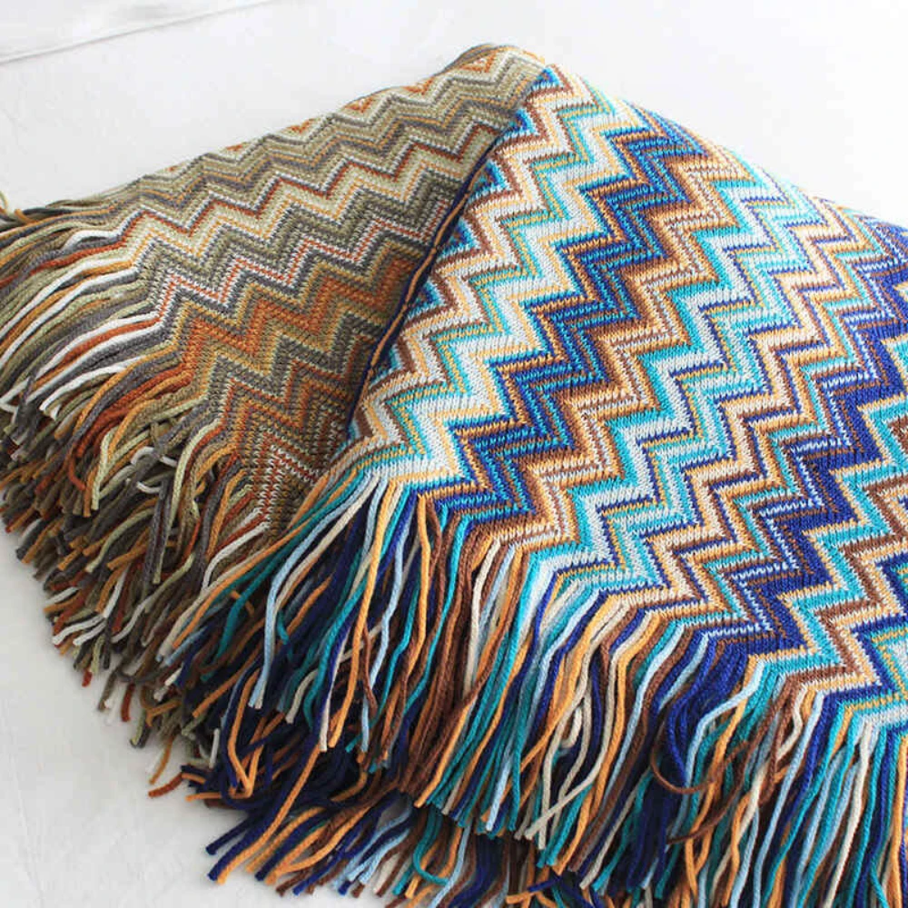 Multicolor Zigzag Tasseled Knit Throw by Casa & Beyond