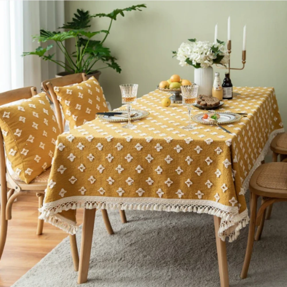Versatile Yellow Embroidered Tassel Tablecloth by Casa & Beyond