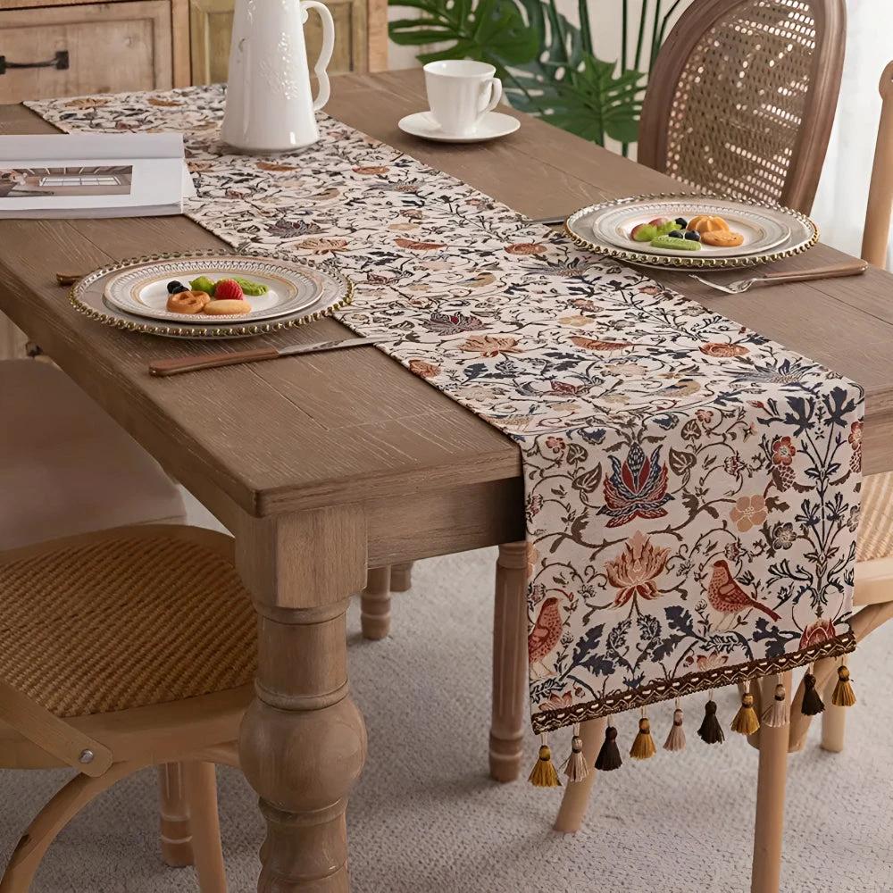 Vintage Floral & Bird Jacquard Table Runner by Casa & Beyond