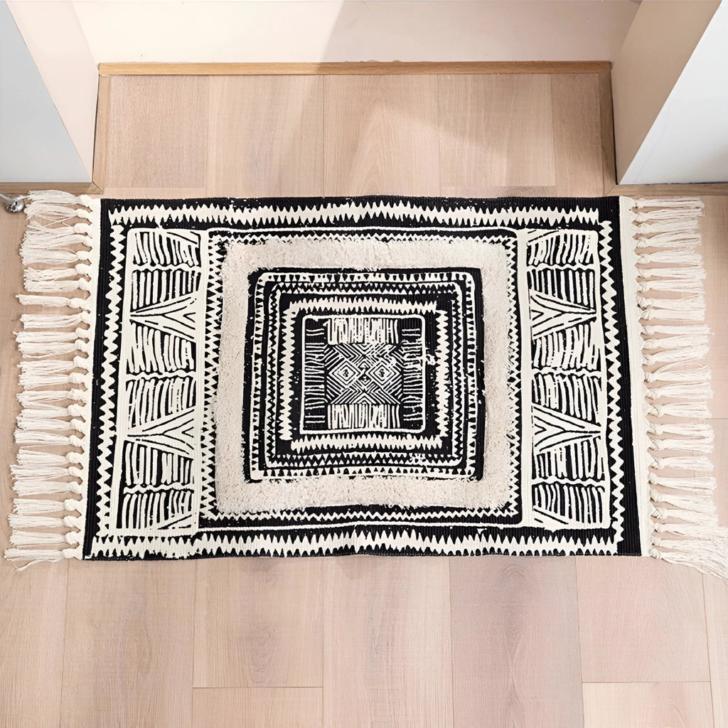 Black and White Geometric Tassel Floor Mat by Casa & Beyond