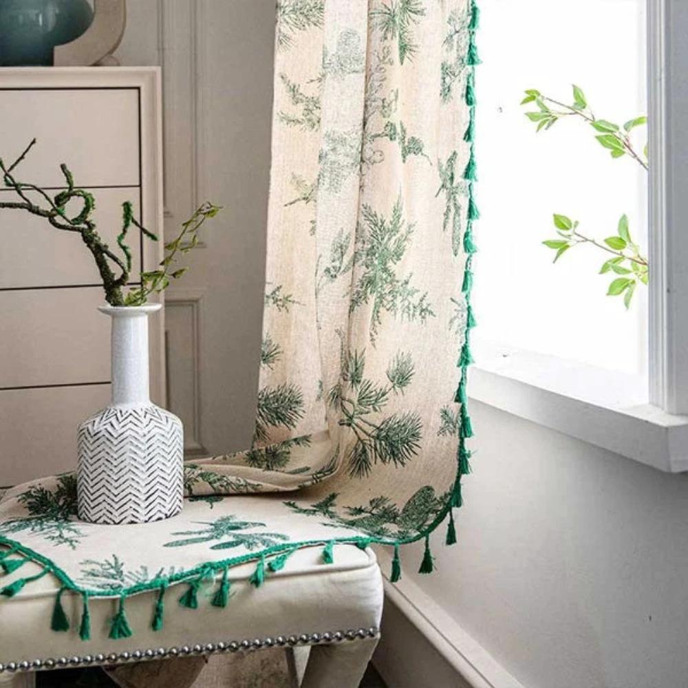Green Pine Bird Pattern Tassel Curtain by Casa & Beyond