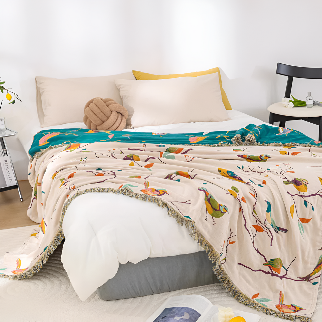 Whimsical Bird Tassel Cotton Blanket by Casa & Beyond