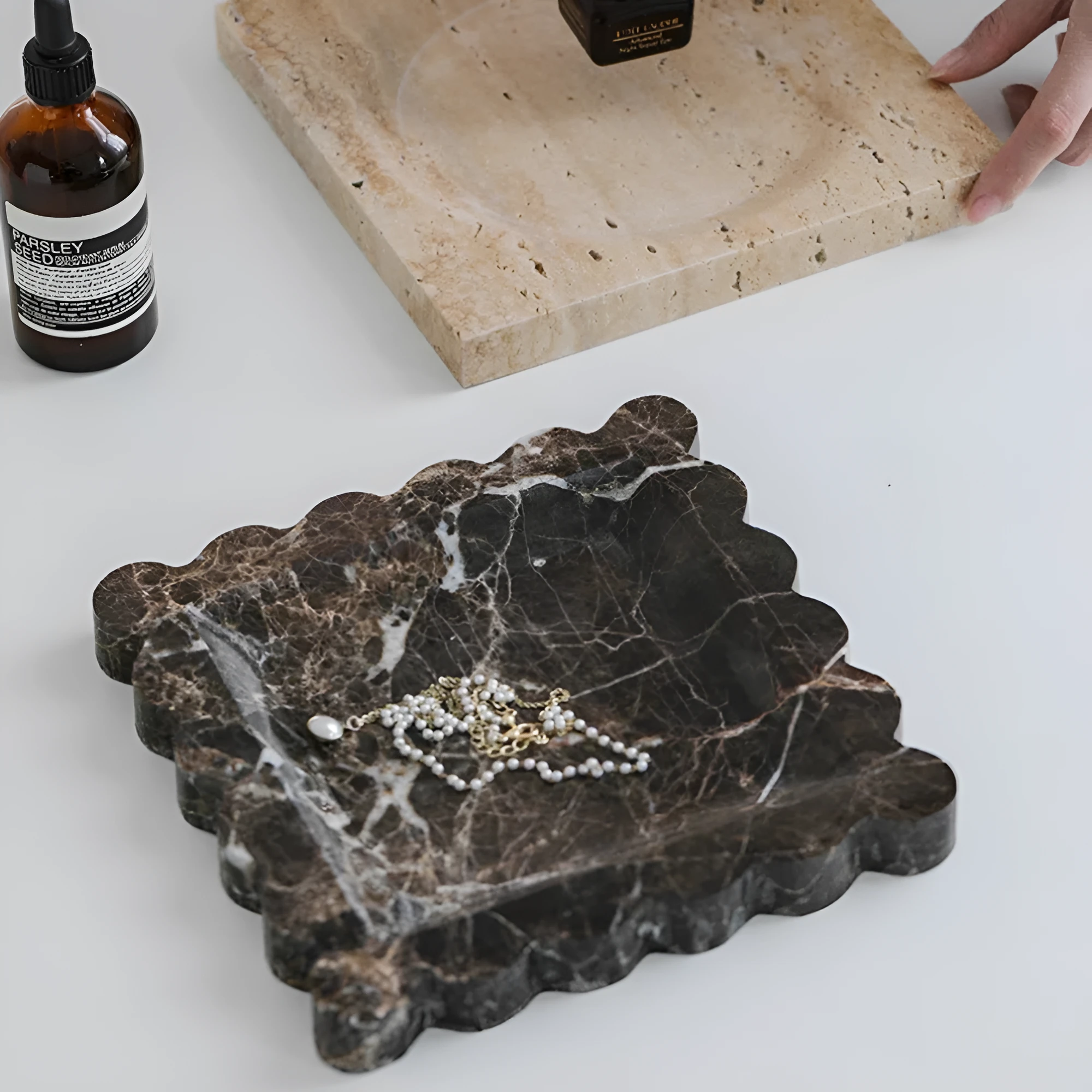 Scalloped Marble Travertine Jewellery Tray by Casa & Beyond