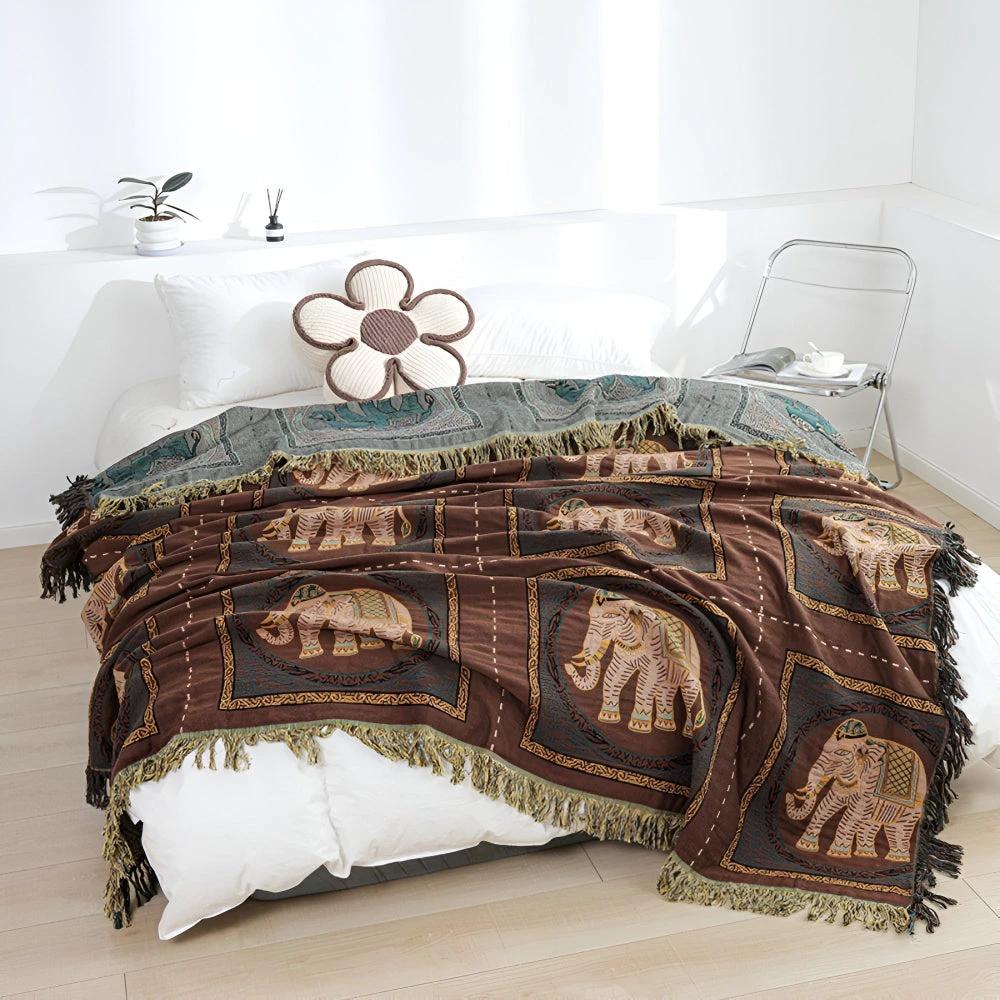 Bohemian Elephant Print Tassel Blanket by Casa & Beyond