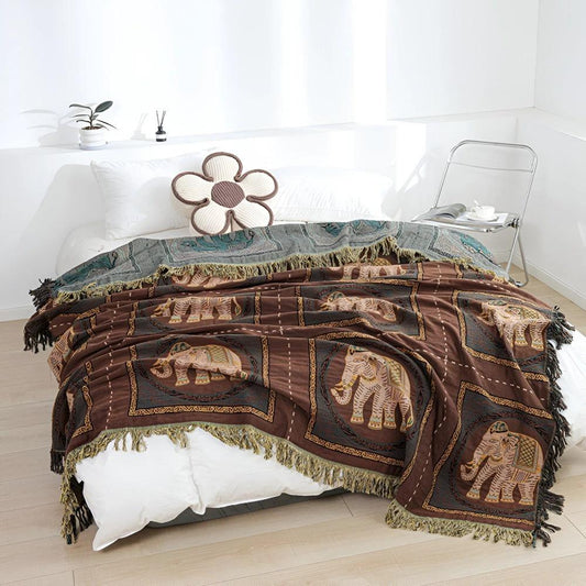 Bohemian Elephant Print Tassel Blanket by Casa & Beyond