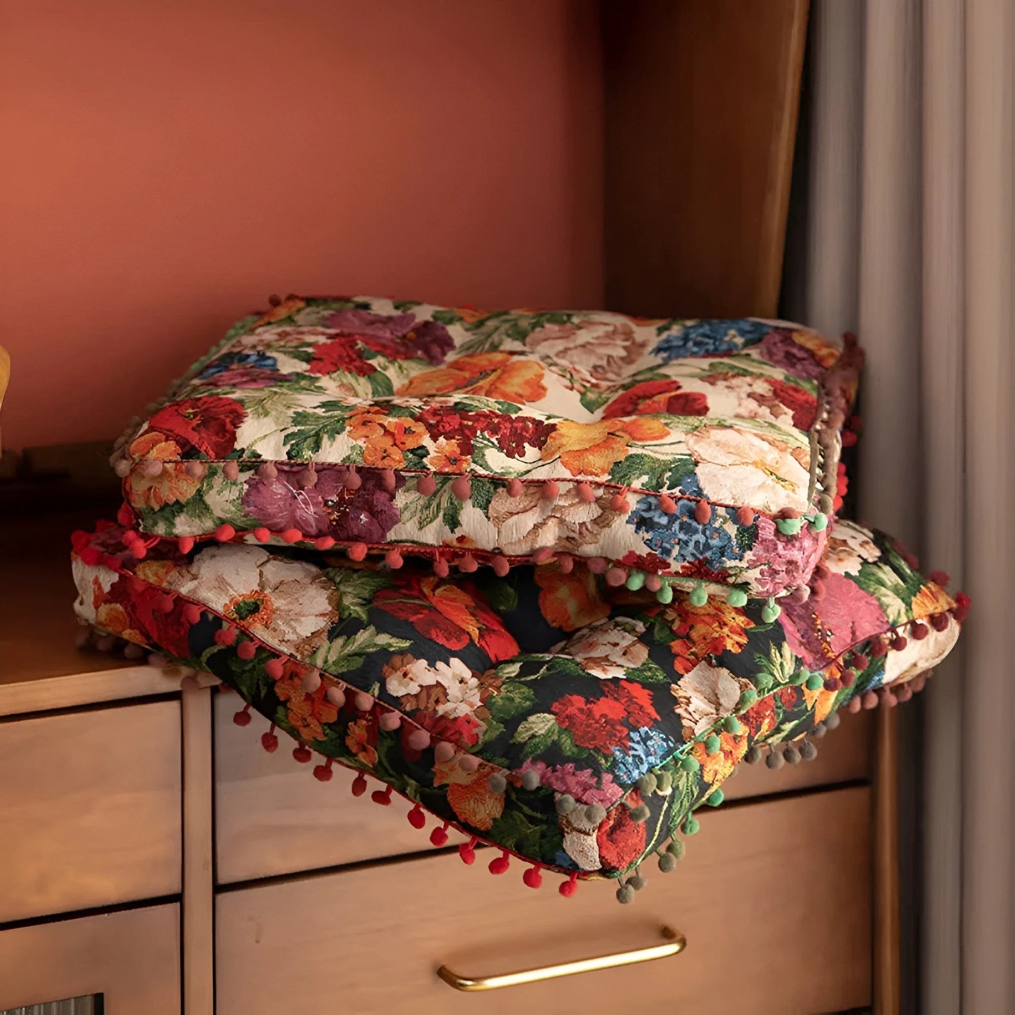 Retro Floral Bohemian Tassel Cushion by Casa & Beyond