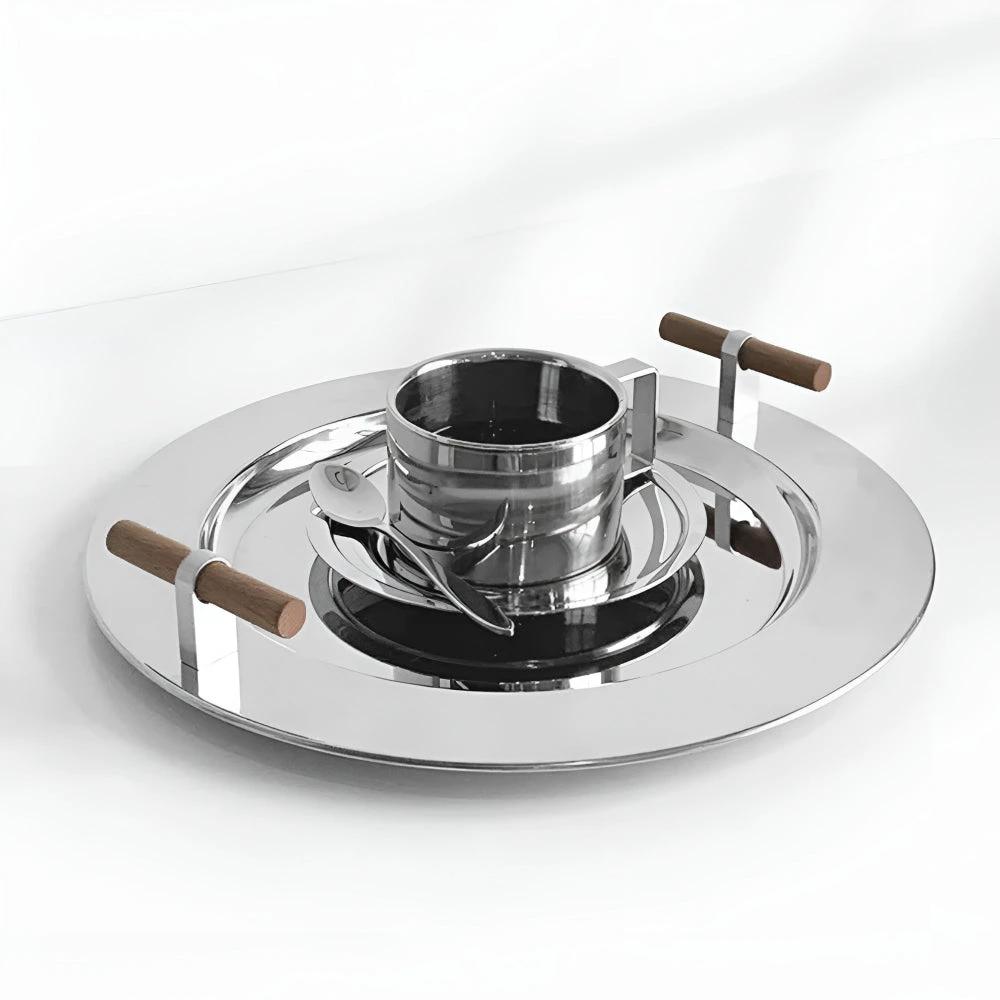 Elegant Stainless Steel Round Tray with Wooden Handles by Casa & Beyond
