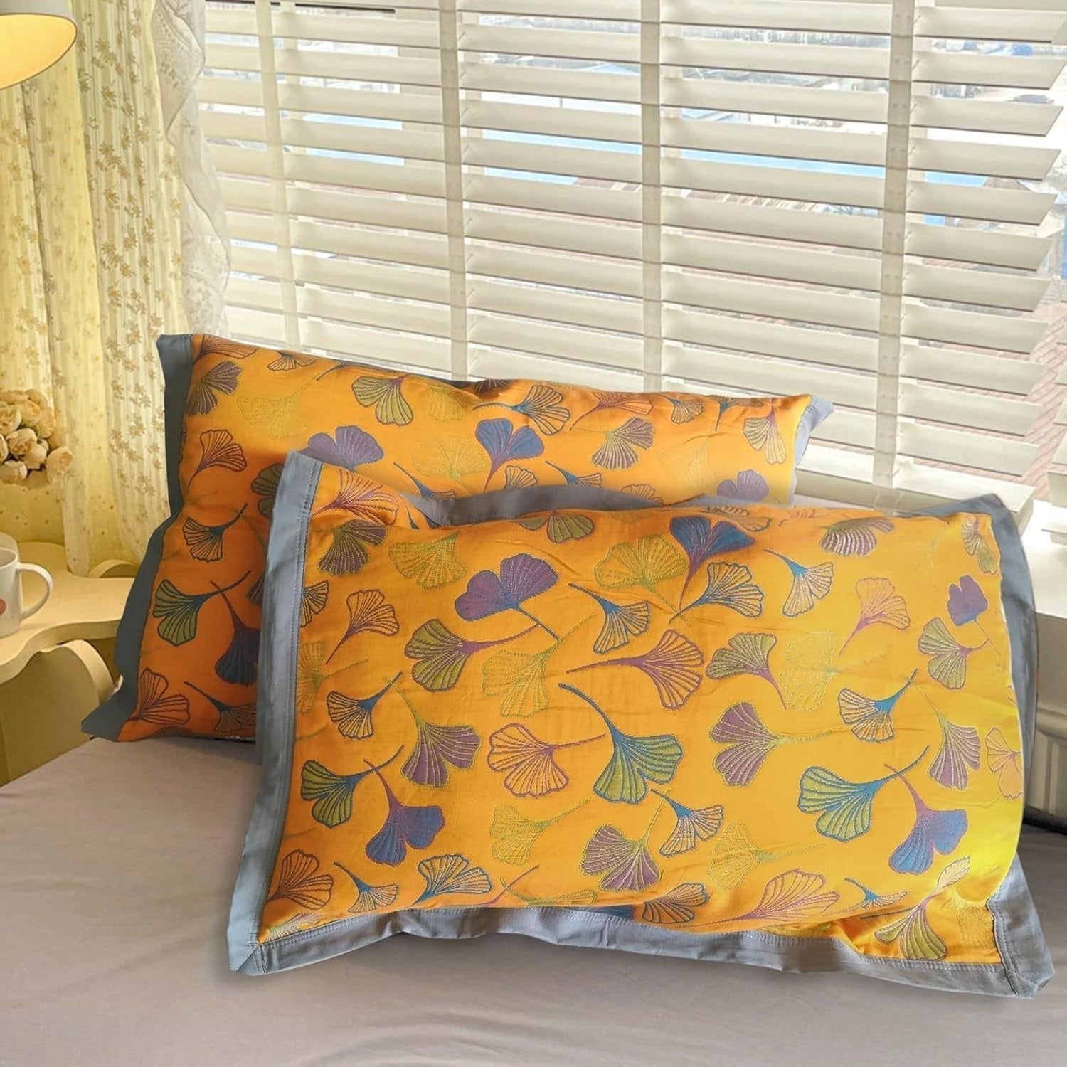 Ginkgo Leaf Embroidered Cotton Pillowcases by Casa & Beyond