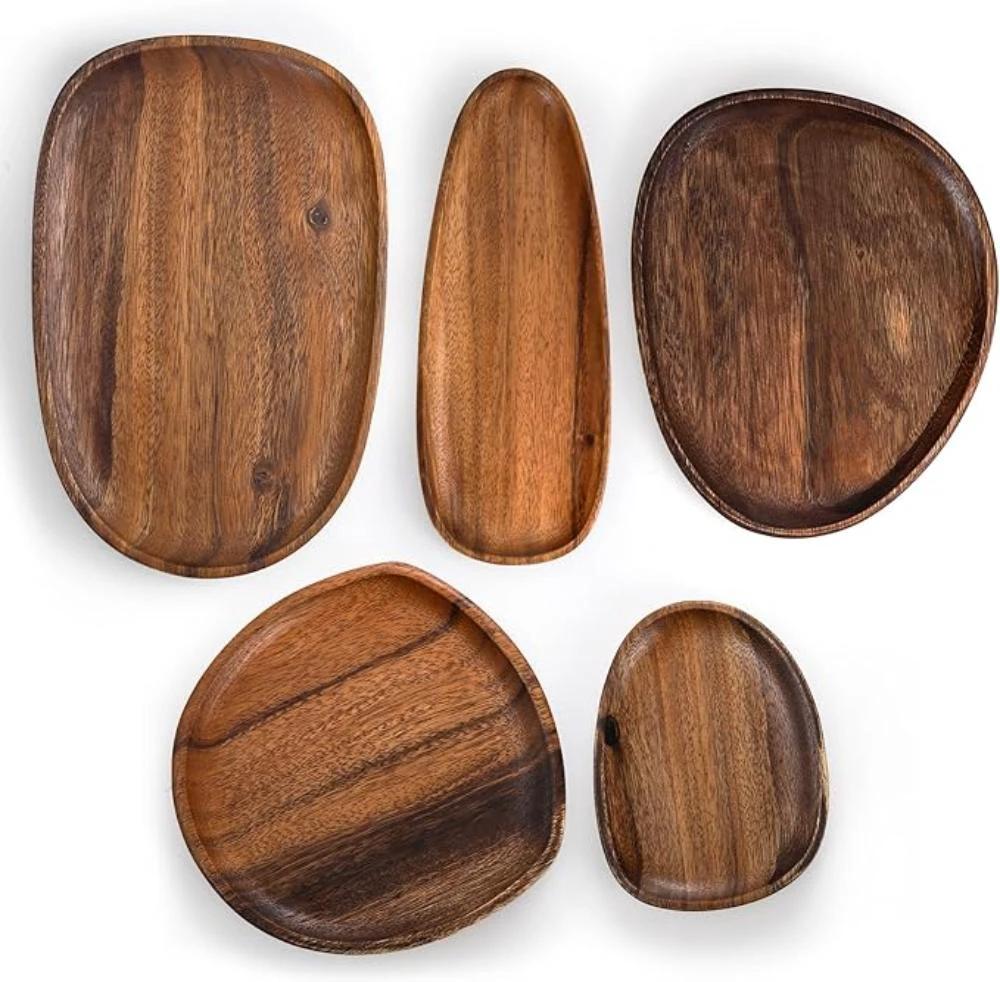 Oval Shaped Acacia Wood Serving Trays Set by Casa & Beyond