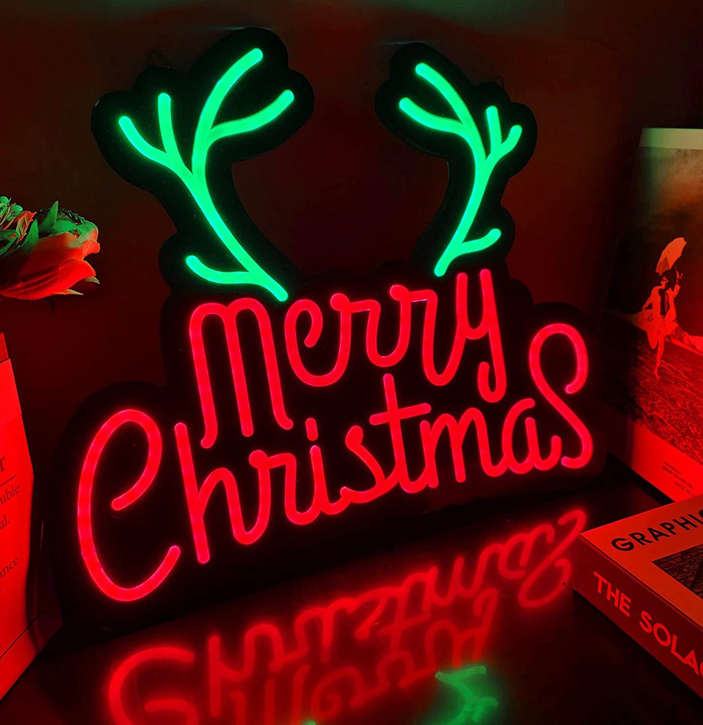 Merry Christmas Neon Lights Ultra-thin Design Antlers LED Neon Sign is Suitable for Home Decoration or Office, Bar, Recreation Room Game Lights, Windows, Garage Walls, Party, Birthday, Kids Room, Gifts by flagsshop