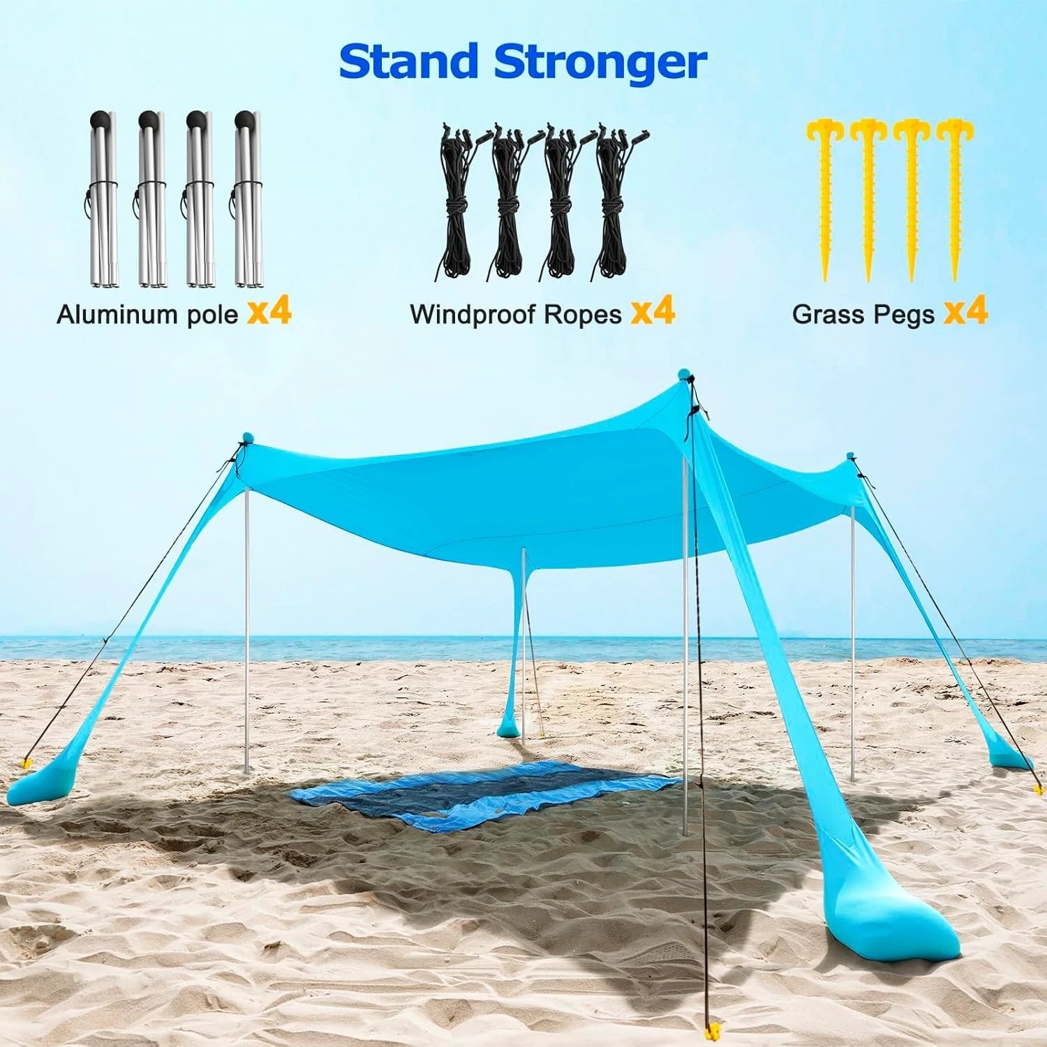 UPF50+ Family Beach Tent with Aluminium Poles and Sand Anchors by BowLift